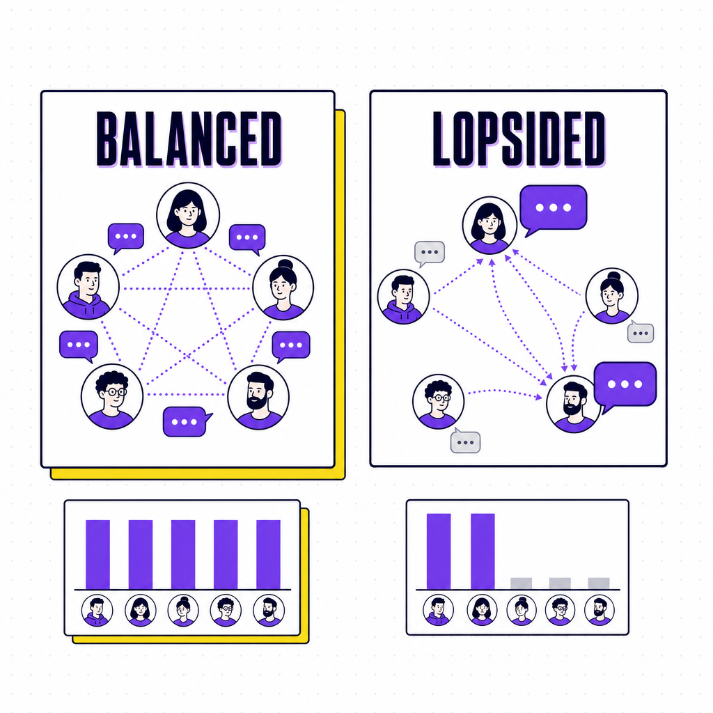 An editorial illustration contrasting a balanced team conversation with a lopsided one where two people dominate, in the Team Building Bot house style