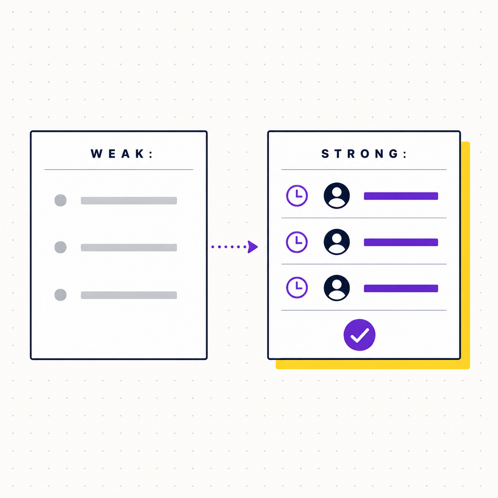 A clean editorial illustration contrasting a plain topic list against a timeboxed agenda card with owners and a decision marker, in the Team Building Bot house style