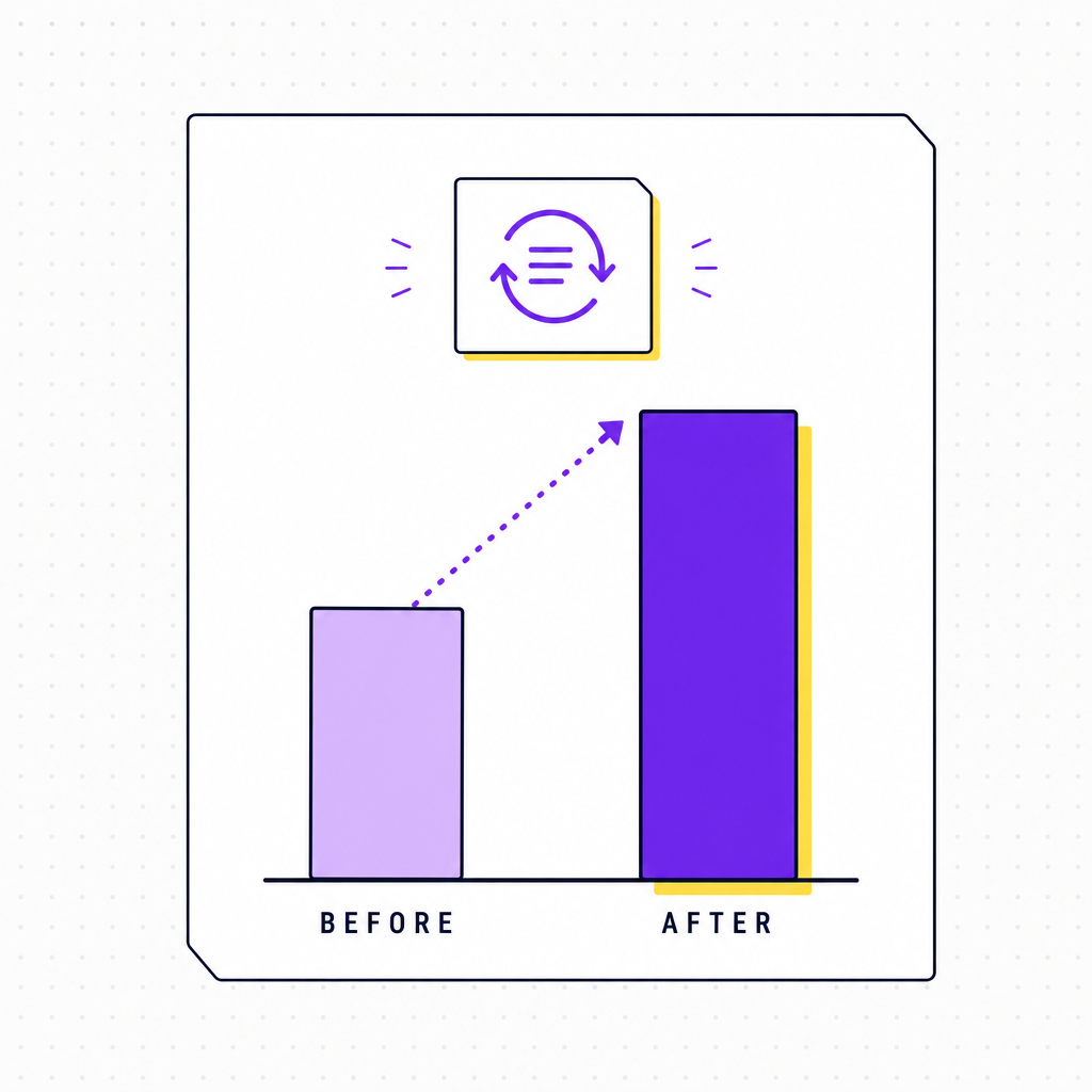 A clean editorial illustration showing a structured debrief lifting a team performance line, with a before-and-after bar marked by a clear uplift, in the Team Building Bot house style