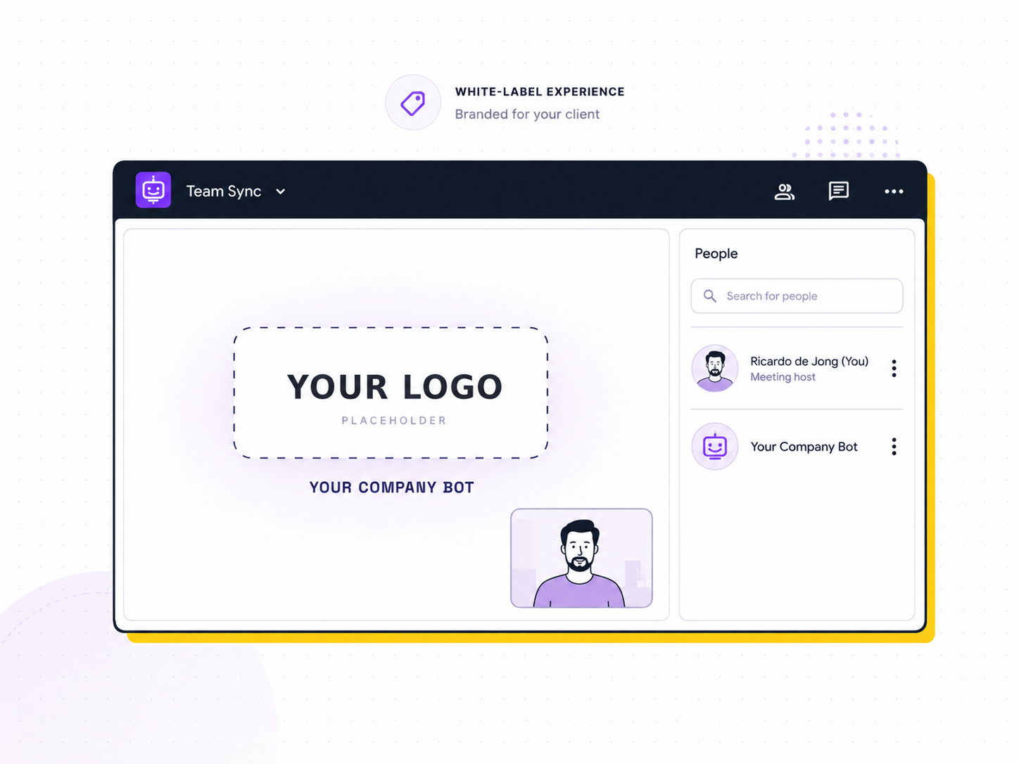 White-label experience showing custom branding with your own logo and company bot name in a video call